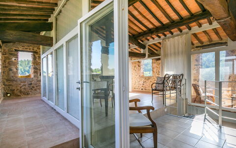 Sovicille 609: Porch, Wood, Interior Design, Beam, Floor, Flooring, Window, Wood Stain, Hardwood, Cottage