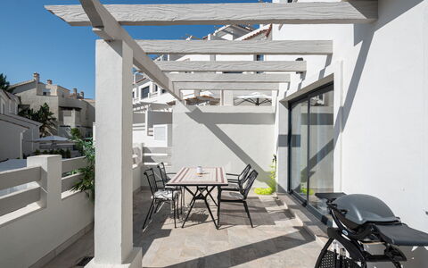 Campanario Townhouse: Property, Building, Furniture, Sky, Table, Chair, Shade, Wood, Porch, Flooring