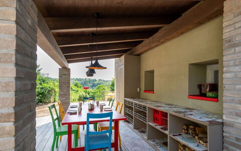 Cascina Basan: Furniture, Table, Building, Plant, Wood, Chair, Interior Design, Porch, Floor, Shelf