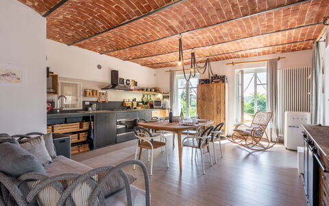 Cascina Basan: Table, Property, Furniture, Couch, Chair, Wood, Interior Design, Floor, Flooring, Beam