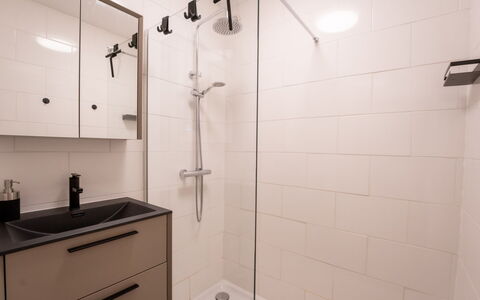Amuzee with Parking & Lateral Sea View: Cabinetry, Shower Head, Building, Shower, Plumbing Fixture, Bathroom, Bathroom Cabinet, Sink, Floor