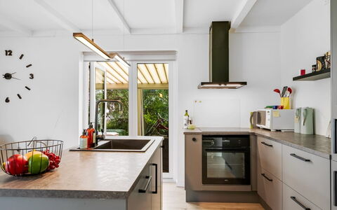 Othinkarl - 1Km from the Sea: Kitchen, Countertop, Kitchen Appliance, Interior Design, Furniture, Cabinetry, Wood, Major Appliance, Home Appliance, Flooring