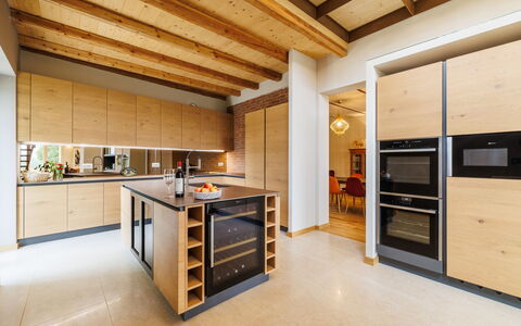 Casa Gallo - Roero - Langhe, Piemonte: Cabinetry, Furniture, Wood, Interior Design, Flooring, Kitchen, Architecture, Floor, Hall, Table