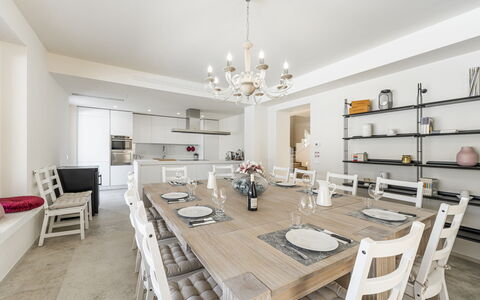 Villa Aso: Table, Furniture, Property, Chair, Wood, Picture Frame, Lighting, Kitchen, Interior Design, Couch