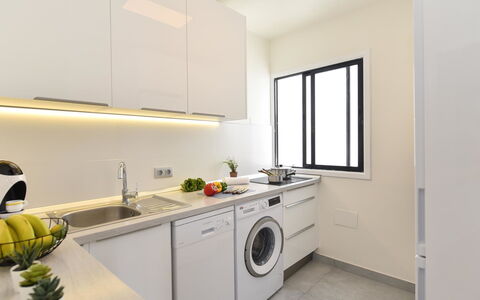 Villa Sun Cay: Interior Design, Flooring, Countertop, Floor, Major Appliance, Ceiling, Kitchen, Apartment, Cabinetry, Room