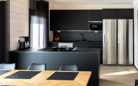 Saanan Helmi: Furniture, Interior Design, Kitchen, Flooring, Wood, Floor, Countertop, Kitchen Appliance, Light Fixture, Chair