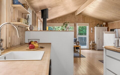 Thrineke - 600M from the Sea: Kitchen, Countertop, Wood, Flooring, Interior Design, Furniture, Ceiling, Floor, Plumbing Fixture, Kitchen Appliance