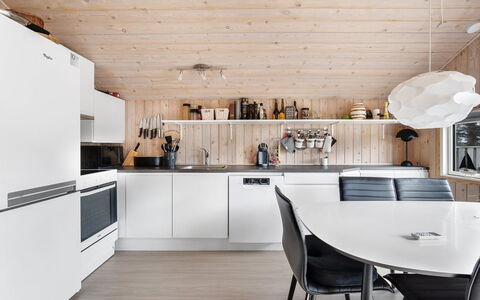 Birger - 500M from the Sea: Kitchen, Furniture, Countertop, Interior Design, Kitchen Appliance, Flooring, Light Fixture, Wood, Ceiling, Major Appliance