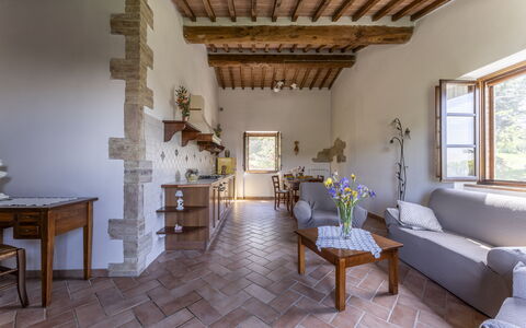 Podere Marcigliana - Radicondoli: Table, Furniture, Window, Picture Frame, Building, Plant, Houseplant, Couch, Wood, Interior Design