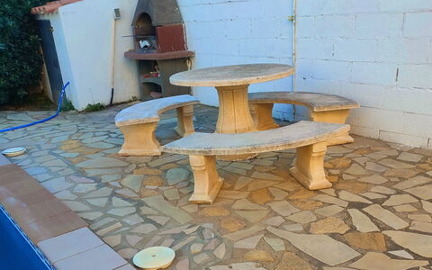 Villa Manuela: Property, Table, Plant, Road Surface, Wood, Flooring, Floor, Outdoor Furniture, Grass, Brick