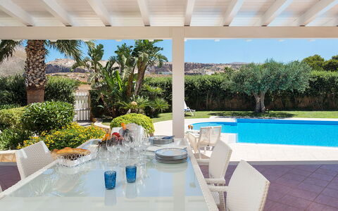 Villa Cornino - Custonaci, Sicilia: Plant, Property, Water, Azure, Chair, Swimming Pool, Table, Outdoor Furniture, Tree, Shade