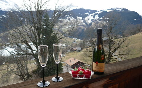 Chalet Uf Duft: Sky, Bottle, Mountain, Window, Table, Snow, Wine, Drinkware, Tableware, Tree