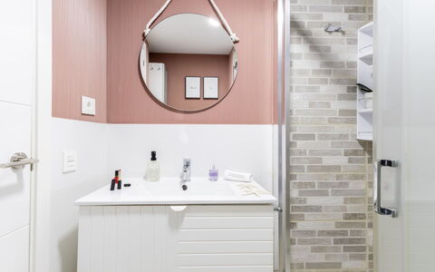 Aida 202: Interior Design, Plumbing Fixture, Bathroom, Bathroom Cabinet, Flooring, Floor, Pink, Plumbing, Home, Mirror