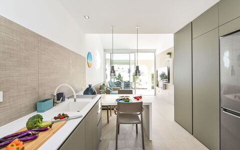 Velsuites 1: Kitchen, Interior Design, Flooring, Countertop, Furniture, Floor, Wood, Home, Cabinetry, Ceiling