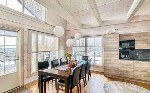 Kontiokota: Furniture, Interior Design, Flooring, Wood Flooring, Wood, Ceiling, Floor, Kitchen & Dining Room Table, Light Fixture, Dining Room