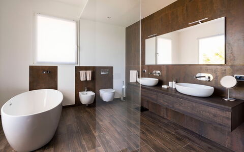 Villa Maddalena - Siracusa, Sicilia: Mirror, Plumbing Fixture, Tap, Property, Bathroom Cabinet, Sink, Bathroom Sink, Bathroom, Building, Wood