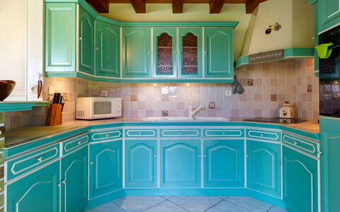 L'Oiseau Bleu: Blue, Kitchen, Cabinetry, Interior Design, Countertop, Flooring, Paint, Cupboard, Kitchen Appliance, Room