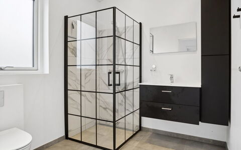 Nissine - 300M from the Sea: Flooring, Interior Design, Floor, Glass, Tile, Door, Shower Door, Bathroom, Plumbing Fixture