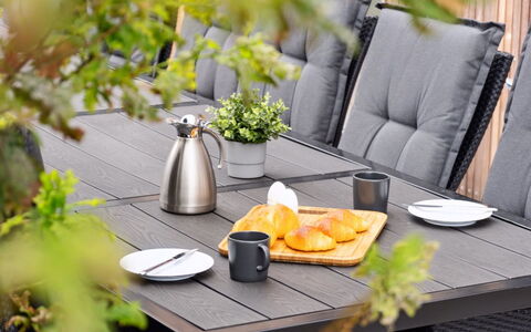 Ann - 1.3Km from the Sea: Tableware, Food, Outdoor Table, Dishware, Serveware, Outdoor Furniture, Flowerpot, Plank