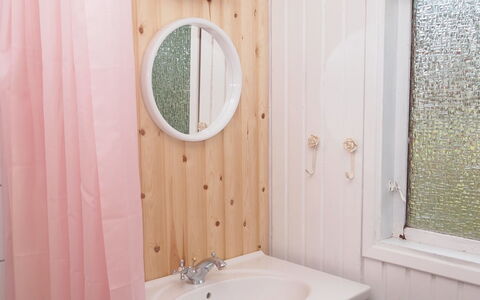 Friis - 100M from the Sea: Interior Design, Plumbing Fixture, Bathroom, Plumbing, Pink, Curtain, Room, Mirror, Bathroom Sink, Sink