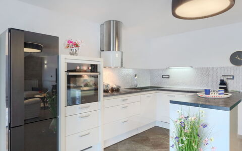 Villa Škavre: Cabinetry, Countertop, Furniture, Kitchen Stove, Kitchen, Drawer, Interior Design, Exhaust Hood, Kitchen Appliance, Wood