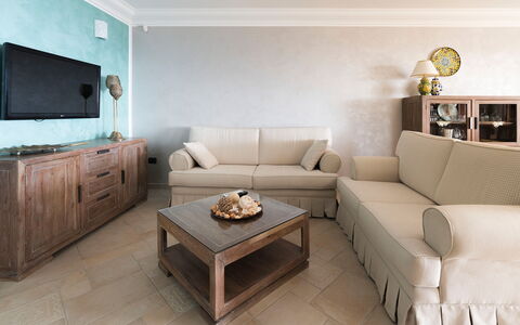 Villa Vistamare - Montallegro, Sicilia: Brown, Furniture, Property, Table, Couch, Cabinetry, Picture Frame, Living Room, Comfort, Lighting