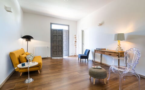 Casa Ocra - Misiliscemi, Sicilia: Furniture, Table, Chair, Wood, Interior Design, Lighting, Floor, Flooring, Real Estate, Living Room