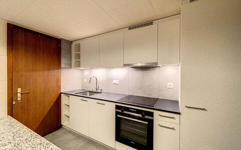 Crans-Colline 17: Cabinetry, Countertop, Sink, Tap, Building, Kitchen, Kitchen Stove, Lighting, Wood, Interior Design