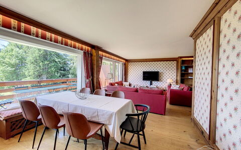 Crans-Colline 17: Furniture, Table, Decoration, Wood, Chair, Curtain, Building, Interior Design, Plant, Window