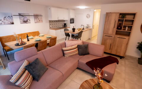 La Marée with Parking & Lateral Seaview: Picture Frame, Table, Couch, Furniture, Property, Wood, Interior Design, Lighting, Flooring, Comfort