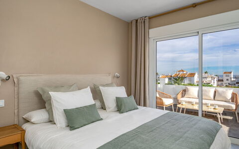 Ático Los Pelicanos: Furniture, Property, Building, Comfort, Azure, Textile, Plant, Shade, Interior Design, Bed Frame