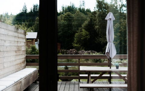 Domek Pod Szarowym Lasem: Plant, Sky, Tree, Wood, Architecture, Door, Building, Porch, Outdoor Furniture, Shade