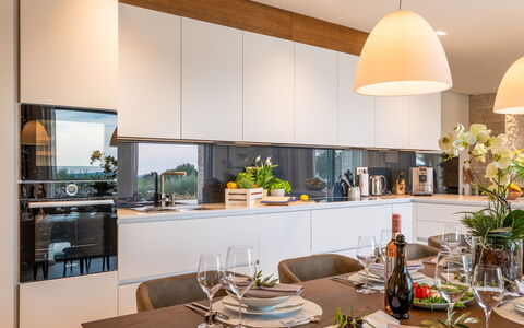 Christall: Interior Design, Furniture, Kitchen, Countertop, Light Fixture, Ceiling, Flooring, Lighting, Home, Kitchen & Dining Room Table