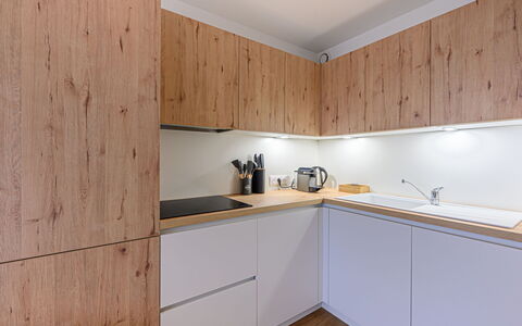 La Chouetterie: Flooring, Countertop, Interior Design, Wood, Furniture, Cabinetry, Kitchen, Floor, Ceiling, Wood Flooring