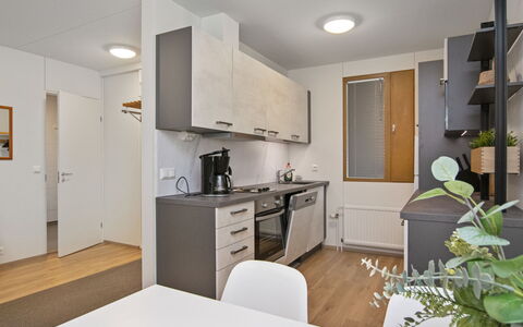 Mäntyranta 1: Kitchen, Furniture, Countertop, Interior Design, Kitchen Appliance, Flooring, Major Appliance, Cabinetry, Wood, Floor