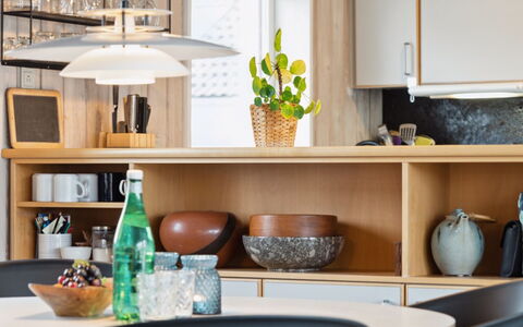 Eljene - 700M from the Sea: Furniture, Interior Design, Tableware, Flooring, Wood, Countertop, Light Fixture, Table, Kitchen & Dining Room Table, Kitchen