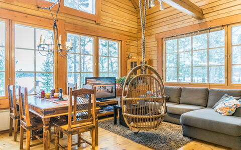 Villa Kipinä: Furniture, Interior Design, Flooring, Floor, Table, Ceiling, Kitchen & Dining Room Table, Lighting, Chair, Home