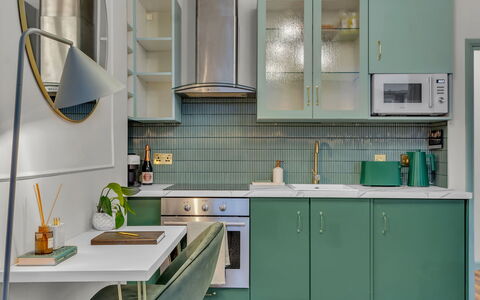 London West End 306: Interior Design, Kitchen Appliance, Kitchen, Flooring, Furniture, Major Appliance, Countertop, Cabinetry, Light Fixture, Floor