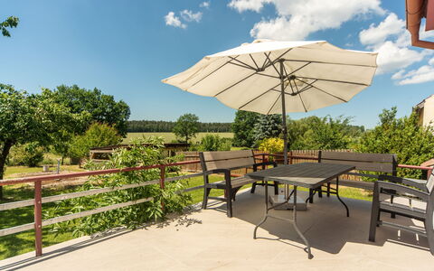 Smrž: Furniture, Outdoor Furniture, Table, Outdoor Table, Chair, Umbrella, Kitchen & Dining Room Table, Shade, Garden, Wood Stain
