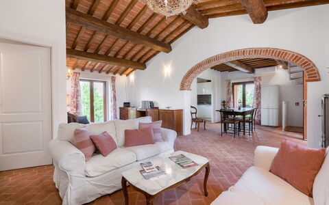 Vineyard’s Cottage With Pool, Ac, Wifi - Siena: Table, Furniture, Property, Couch, Living Room, Wood, Interior Design, Floor, Flooring, Comfort