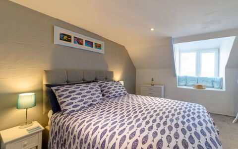 Stargazey Cottage: Furniture, Window, Comfort, Azure, Wood, Building, Bed, Bed Frame, Floor