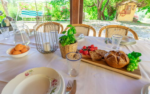 Villa La Pagliarina: Food, Tableware, Green, Table, Dishware, Plant, Plate, Textile, Interior Design, Wood