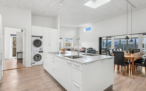 Clarabelle - 1.2Km from the Sea: Flooring, Kitchen, Interior Design, Floor, Countertop, Ceiling, Wood, Kitchen Appliance, Major Appliance, Wood Flooring