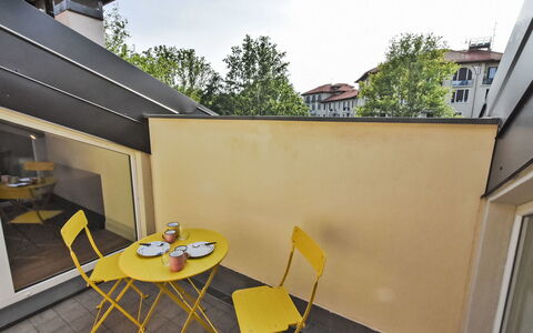 White Attic Terrace: Sky, Furniture, Table, Building, Window, Chair, Shade, Tree, Wood, Yellow
