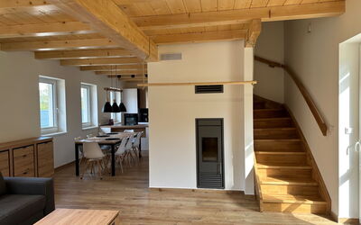 Smržovka 14: Furniture, Wood, Building, Stairs, Table, Flooring, Floor, Interior Design, Beam, Hall