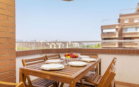 Vistamar Ii - Marina D'Or: Wood, Furniture, Architecture, Apartment, Chair, Kitchen & Dining Room Table, Table, Balcony, Floor, Outdoor Table