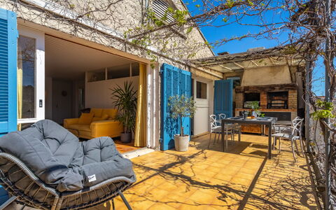 La Quiètude: Sky, Property, Table, Building, Tree, Wood, Shade, Chair, Architecture, Interior Design
