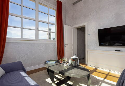 Torretta Penthouse Luxury Apartment In Florence By: Interior Design, Ceiling, Flooring, Floor, Apartment, Room, Light Fixture, Molding, Living Room, Lamp