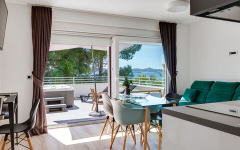 Zadar Bibinje 221: Furniture, Property, Chair, Azure, Plant, Table, Water, Architecture, Floor, Couch