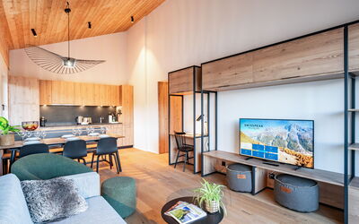 Swisspeak Resorts Thyon 4 Vallées 9000.11: Interior Design, Furniture, Flooring, Wood, Floor, Ceiling, Couch, Living Room, Lighting, Table